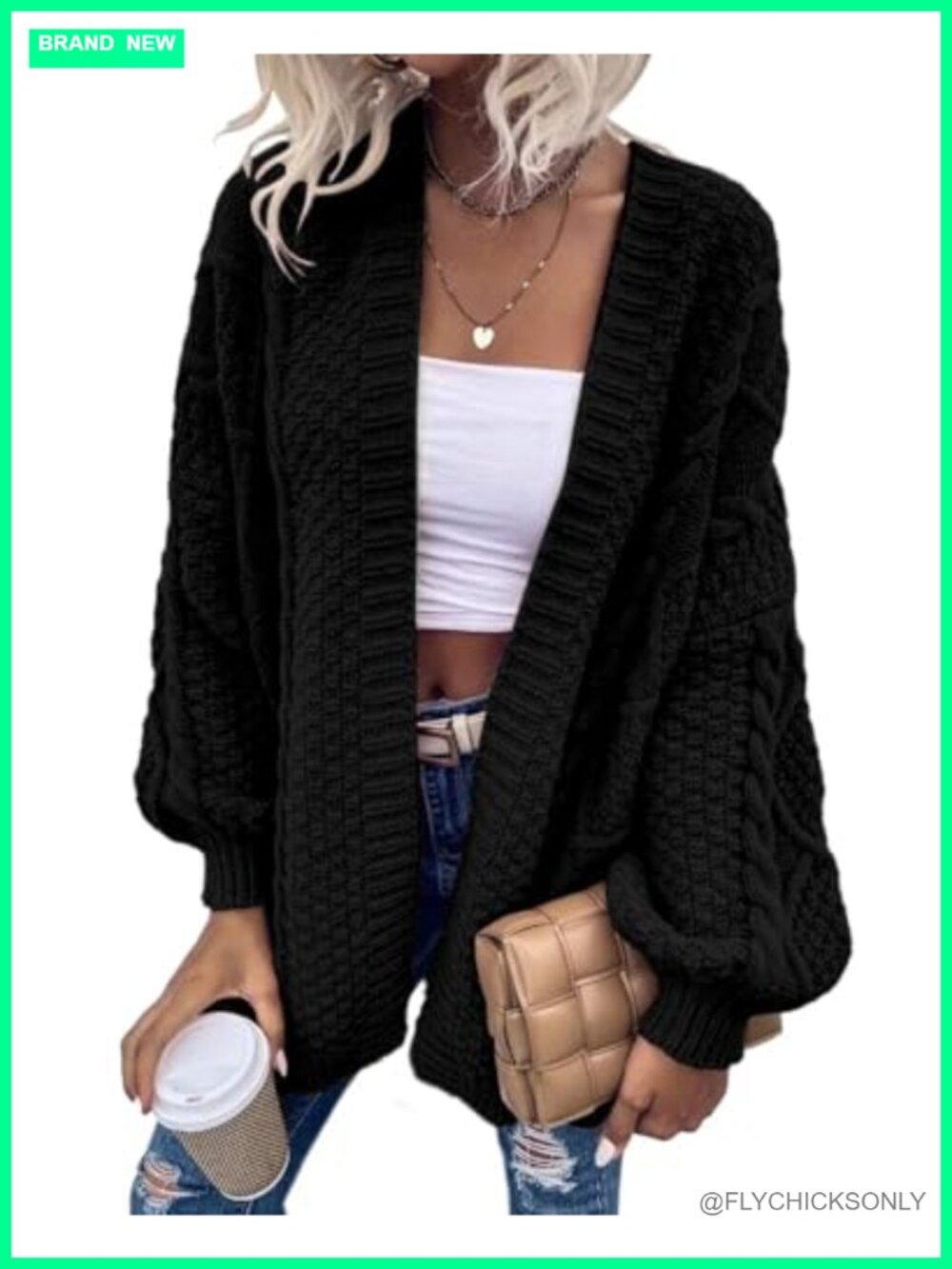 Oversized Chunky Cable Knit Open Front Cardigan Lantern Sleeve Fall Sweater